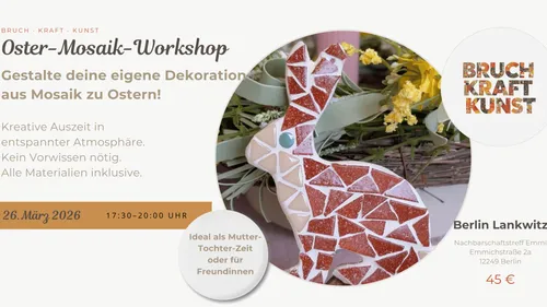 Mosaic workshop invitation with Easter bunny design.