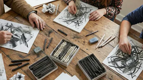 People drawing with charcoal on wooden table.
