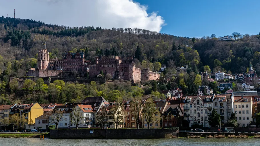 Castle on hill above riverside buildings, forested background.