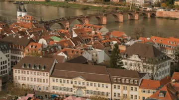 City view with bridge and river background.