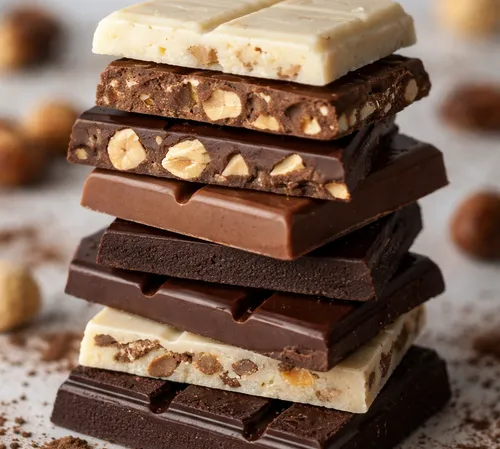 Stacked chocolate bars with nuts on table.