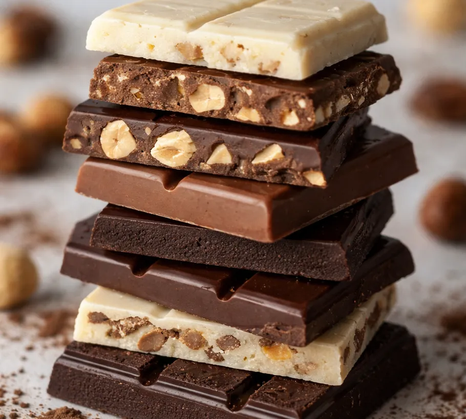 Stacked chocolate bars with nuts on table.