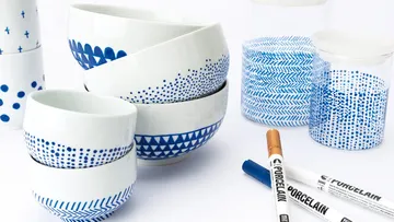 White bowls and cups with blue patterns.