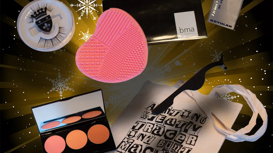Assorted makeup items on a festive background.