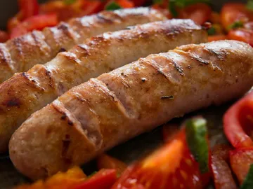 Würste braten auf einer bunten Mischung aus Gemüse.