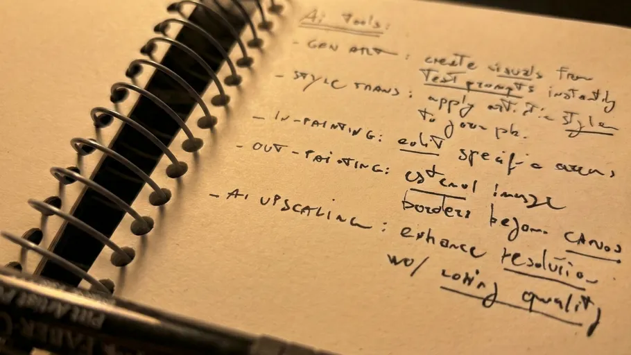 Notebook with handwritten notes and pens.