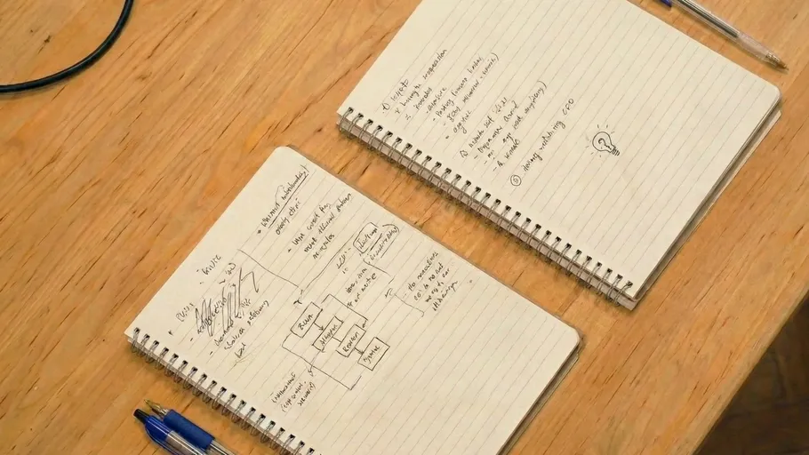 Notebooks with handwritten notes on wooden table.