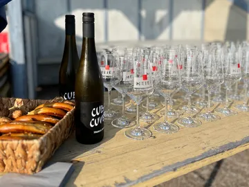 Bottle of wine, glasses provided, relaxed outdoor environment.