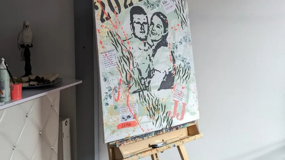 Art canvas on easel with abstract design.