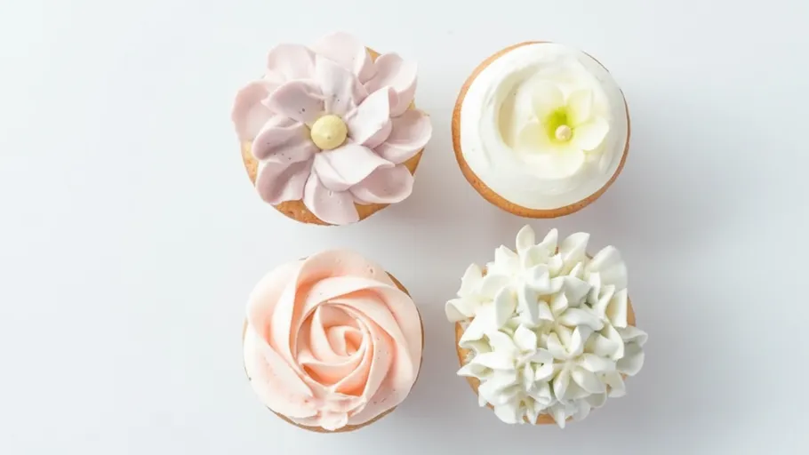 Vier Cupcakes mit Blumen-Verzierungen.