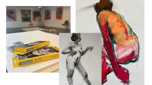 Charcoal boxes, colorful art, and figure drawings.