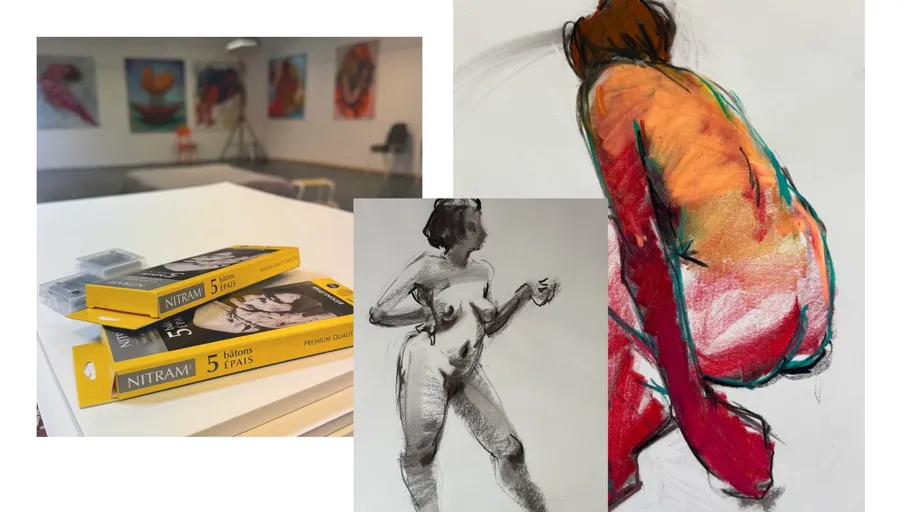 Charcoal boxes, colorful art, and figure drawings.
