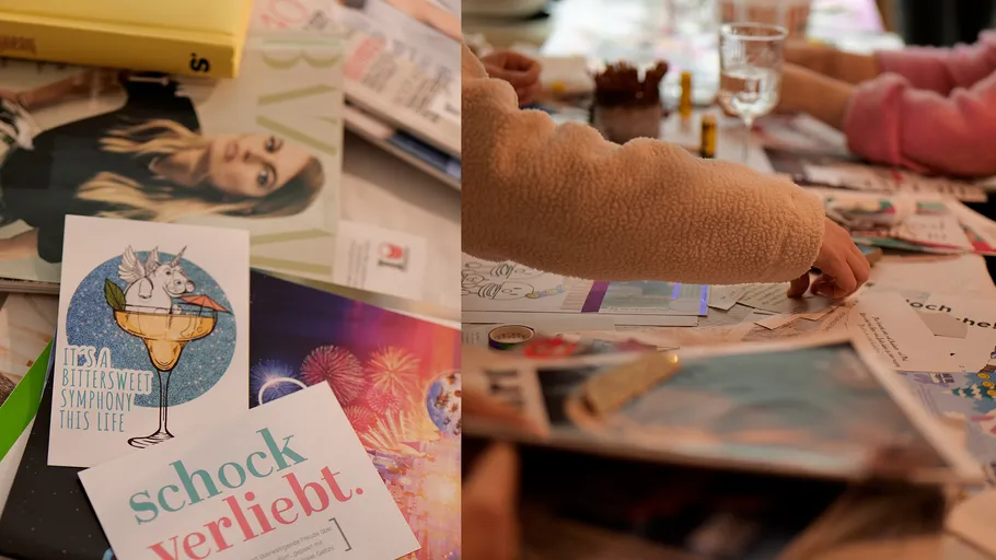 Hands sorting papers on cluttered table.