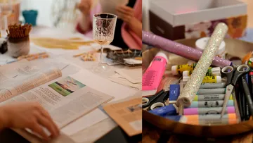 Craft supplies and magazines on table.
