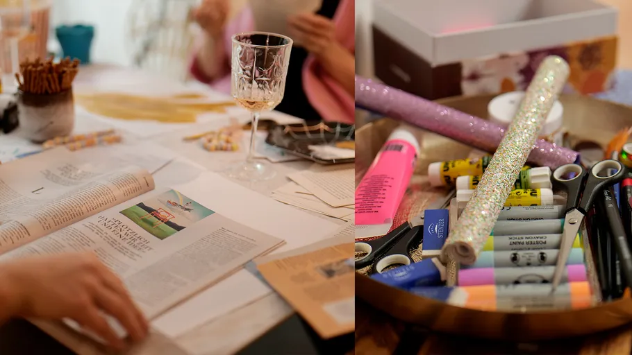 Bastelmaterialien und Zeitschriften auf Tisch.