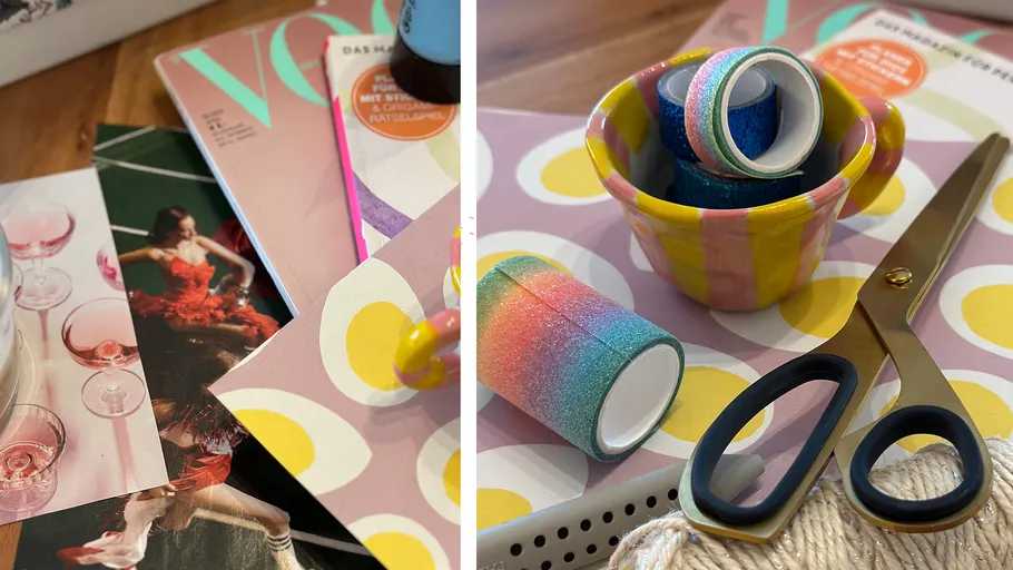 Craft supplies on table with magazines.
