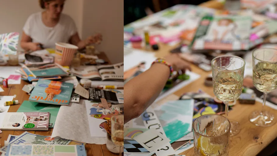Menschen basteln mit Zeitschriften und Getränken auf Tisch.