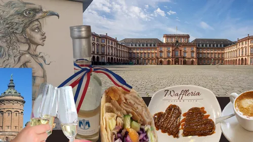 Collage: Straßenkunst, Schloss, Essen und Getränke.