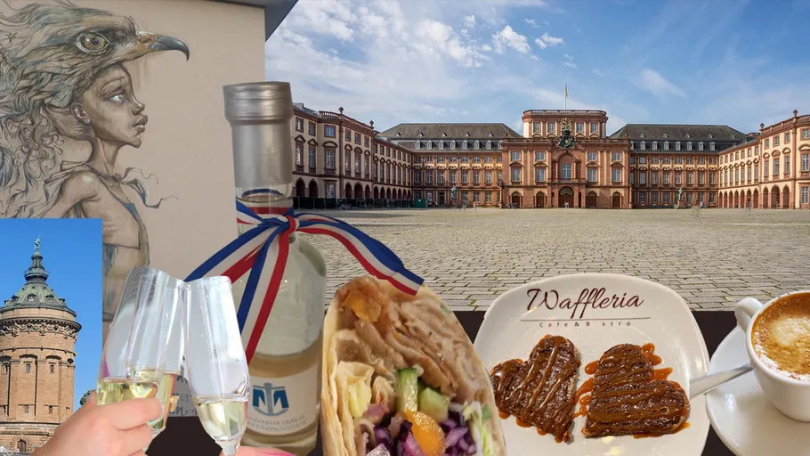 Collage: street art, castle, food, and drinks.