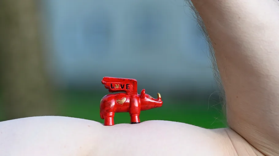 Red winged rhino on flexed bicep outdoors.