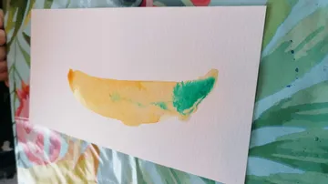 Bananen-Aquarell auf Papier, von Hand gehalten.