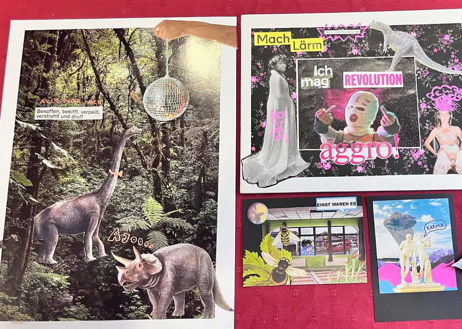 Collage aus Dinosauriern, Text und futuristischen Elementen.