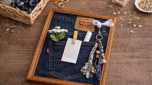 Denim pocket in wood frame with decorations.