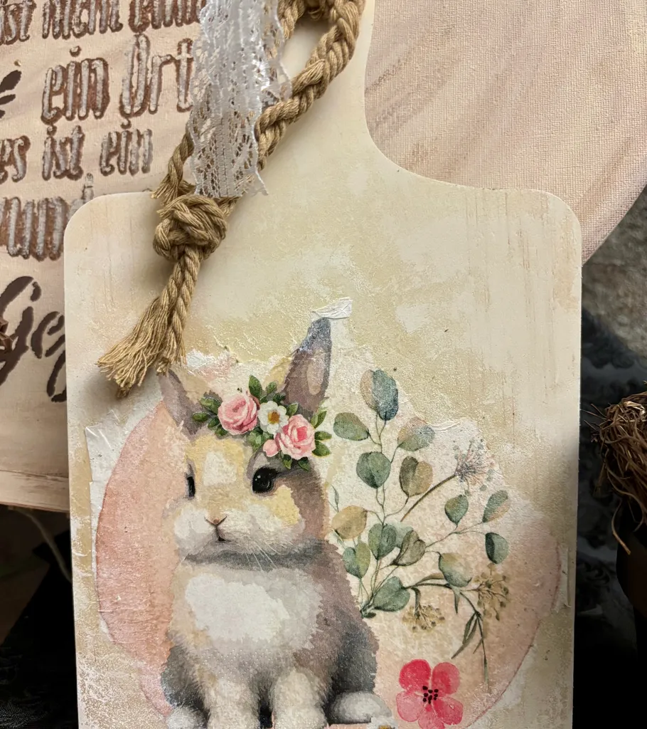 Dekoratives Brett mit Hase, Blumen, Hintergrund.