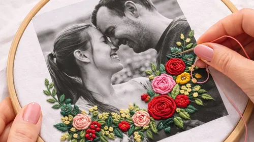 Gesticktes Foto eines Paares mit Blumendesign.