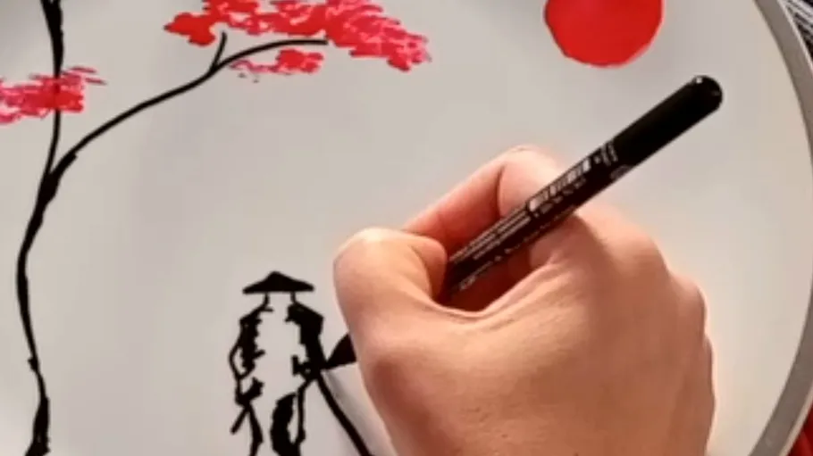 Hand malt Samurai und Baum auf Papier.