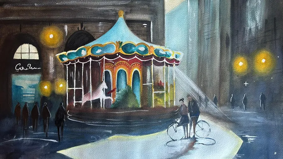 Carousel illuminated at night, people nearby.