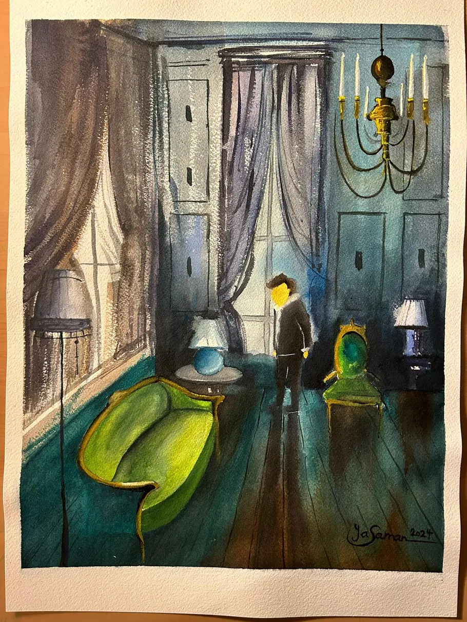 Person stands in elegant, dimly-lit room.