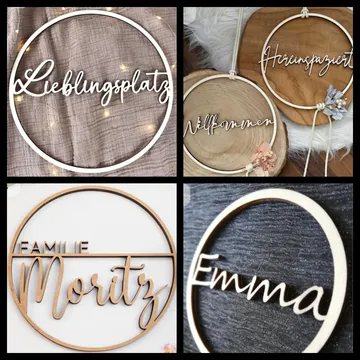 Wooden signs with names and greetings.