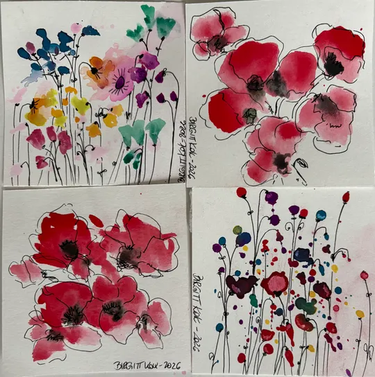 Four watercolor flower paintings by Birgitt Kox.