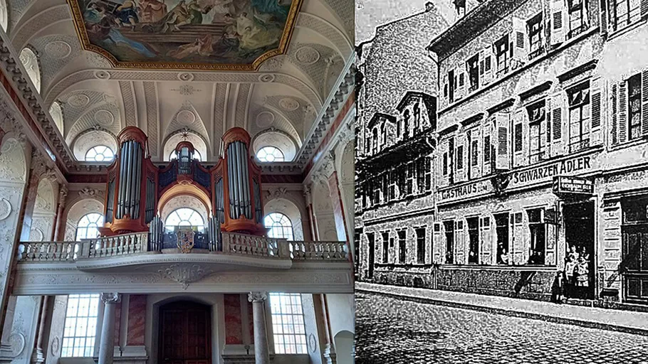 Prächtiges Kircheninneres und historische Gebäudefassade.