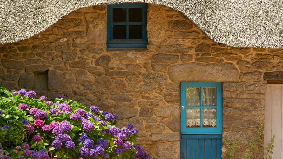 Stone cottage with blue door and hydrangeas.