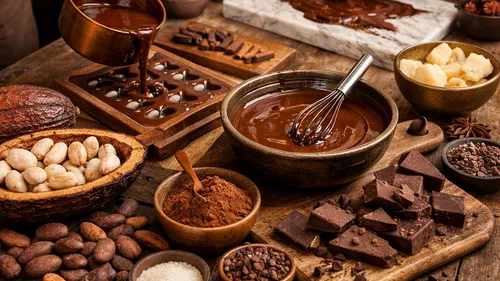 Chocolate ingredients and tools on a wooden table.