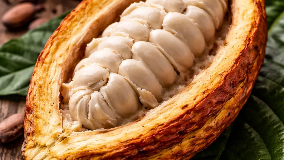 Open cacao pod with white beans inside.