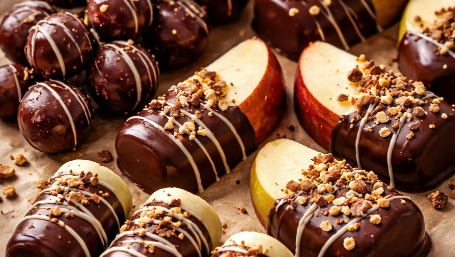Chocolate-covered fruits and snacks on parchment paper.
