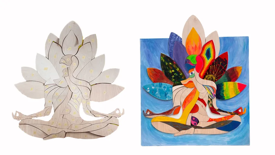 Zwei abstrakte Yoga-Figuren, bunt und unbunt.