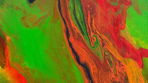 Abstract painting with green and red swirls.