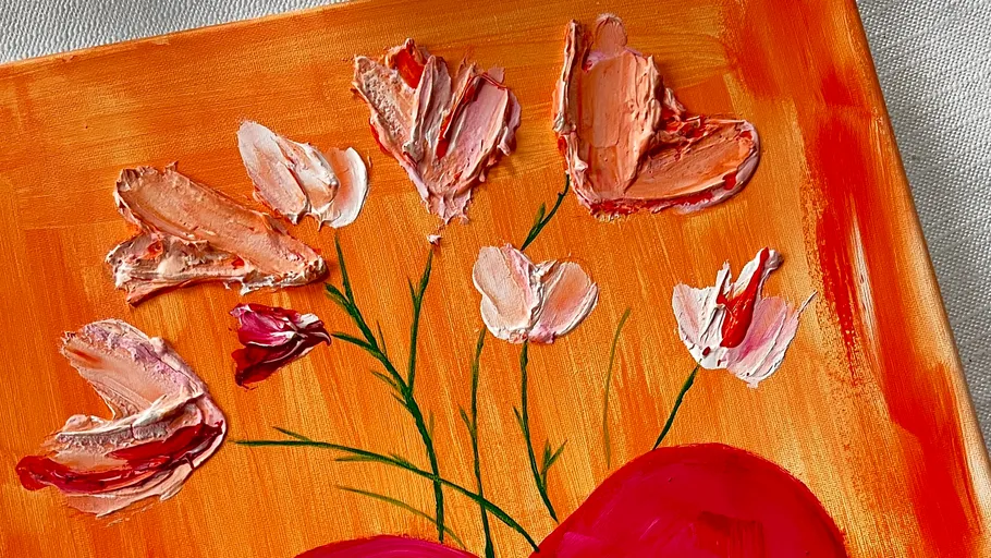 Abstract floral painting with textured brushstrokes.