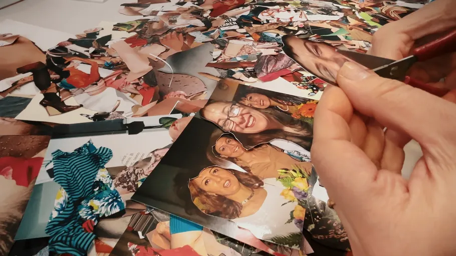 Hände schneiden Collage mit Fotos und Magazinen.