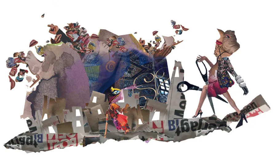 Künstlerische Collage mit bunten abstrakten Elementen.