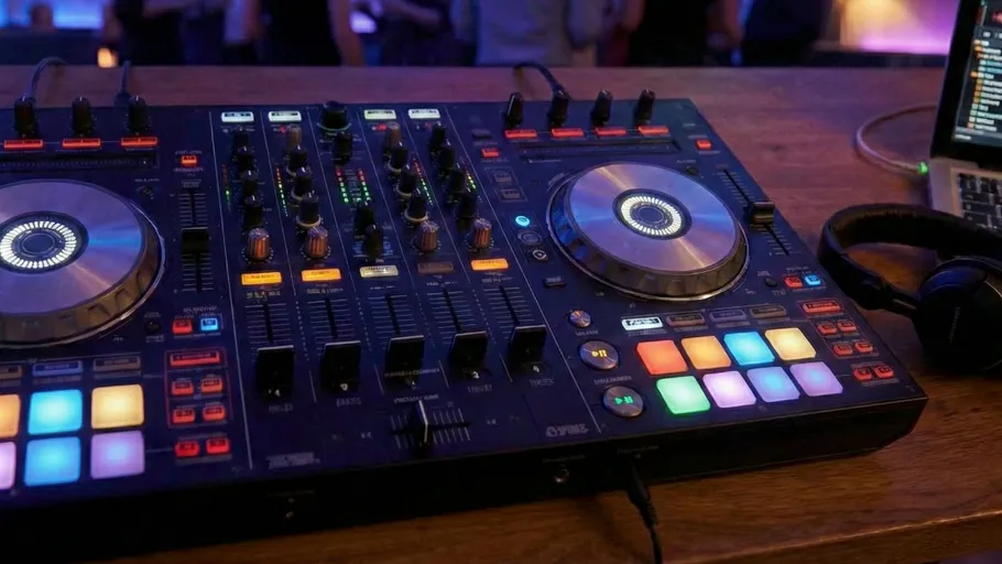 DJ-Controller mit bunten Lichtern auf Tisch.