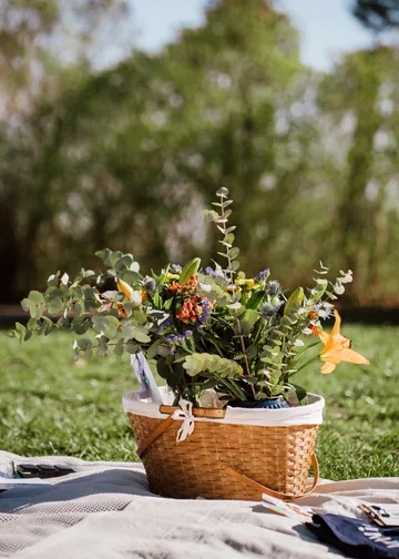Basket with flowers on a picnic blanket outdoors.