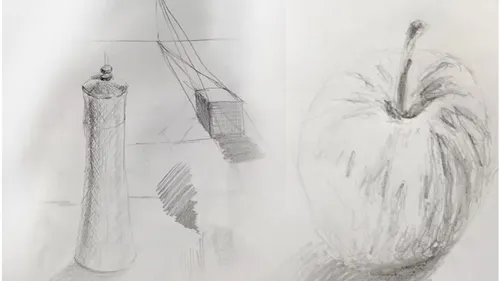 Pencil drawings of a pepper grinder and apple.