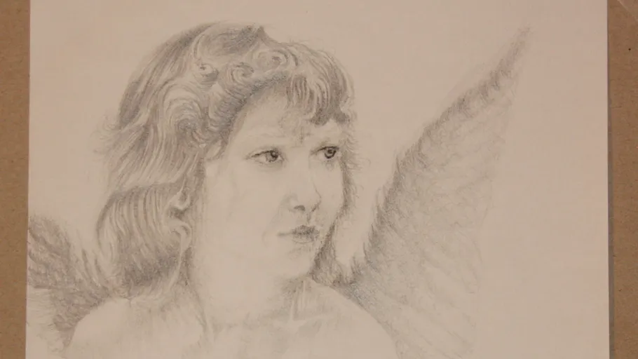 Pencil drawing of angel with wings.