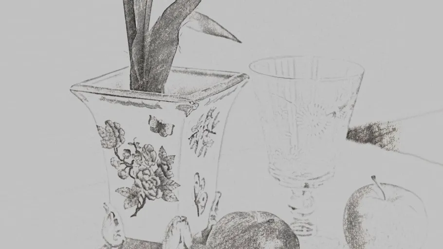 Skizze von Vase, Obst und Glas.