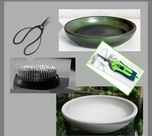 Scissors, bowls, and floral tools on a gray background.